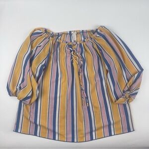 Gypsy Blouse Shirt Womens 1XL Blue Yellow Striped 3/4 Sleeve